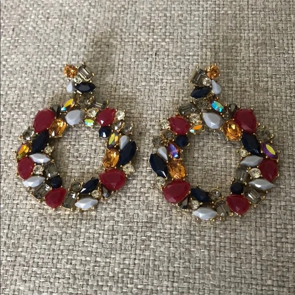 J. Crew Earrings Floral Wreath Gemstones Jewel Dark Peony Red - Picture 4 of 7